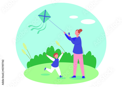 Mother and Child Flying a Kite - Graphic Illustration