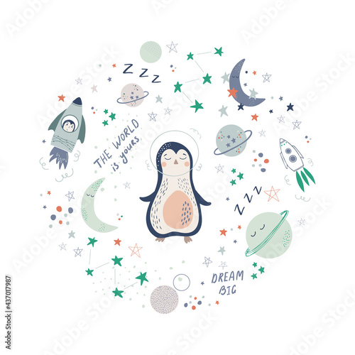 Cute baby space vector set with penguins, stars and planets. Vector cartoon characters in simple hand drawn Scandinavian style. Good for decorating nursery, printing on baby clothes, baby shower decor