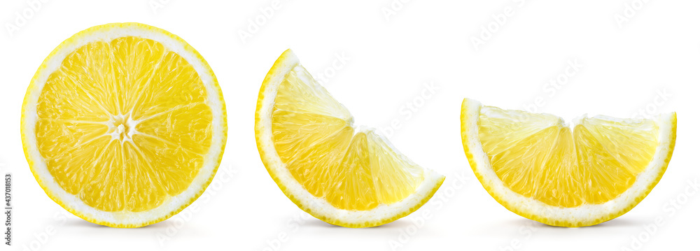 Fototapeta premium Lemon slices isolate on white. Cut lemons side view on white. Set of lemon slices.