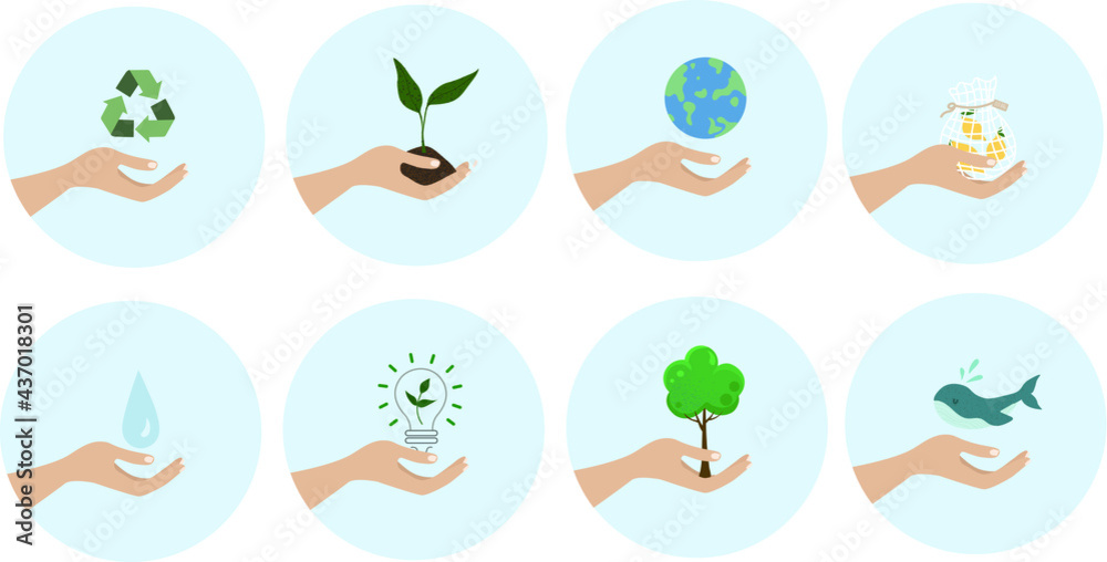 Eco symbols in hand, logo set. Sustainability icon concept: environment, green energy, recycling, conservation of resources – vector illustration. Eco symbols in hand, logo set. Sustainability icon concept: environment, green energy, recycling, conservation of resources – vector illustration.