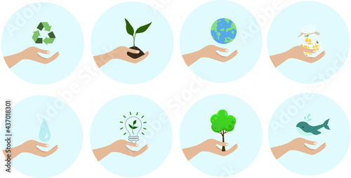 Eco symbols in hand, logo set. Sustainability icon concept: environment, green energy, recycling, conservation of resources – vector illustration.