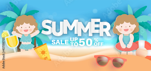 Summer sale banner with summer element in paper cut style