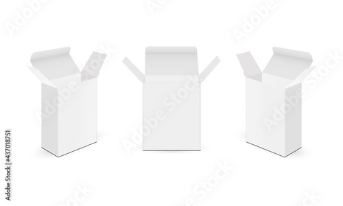 Set of Cardboard Rectangular Boxes Mockups with Opened Lid, Isolated on White Background, Front and Side View. Vector Illustration