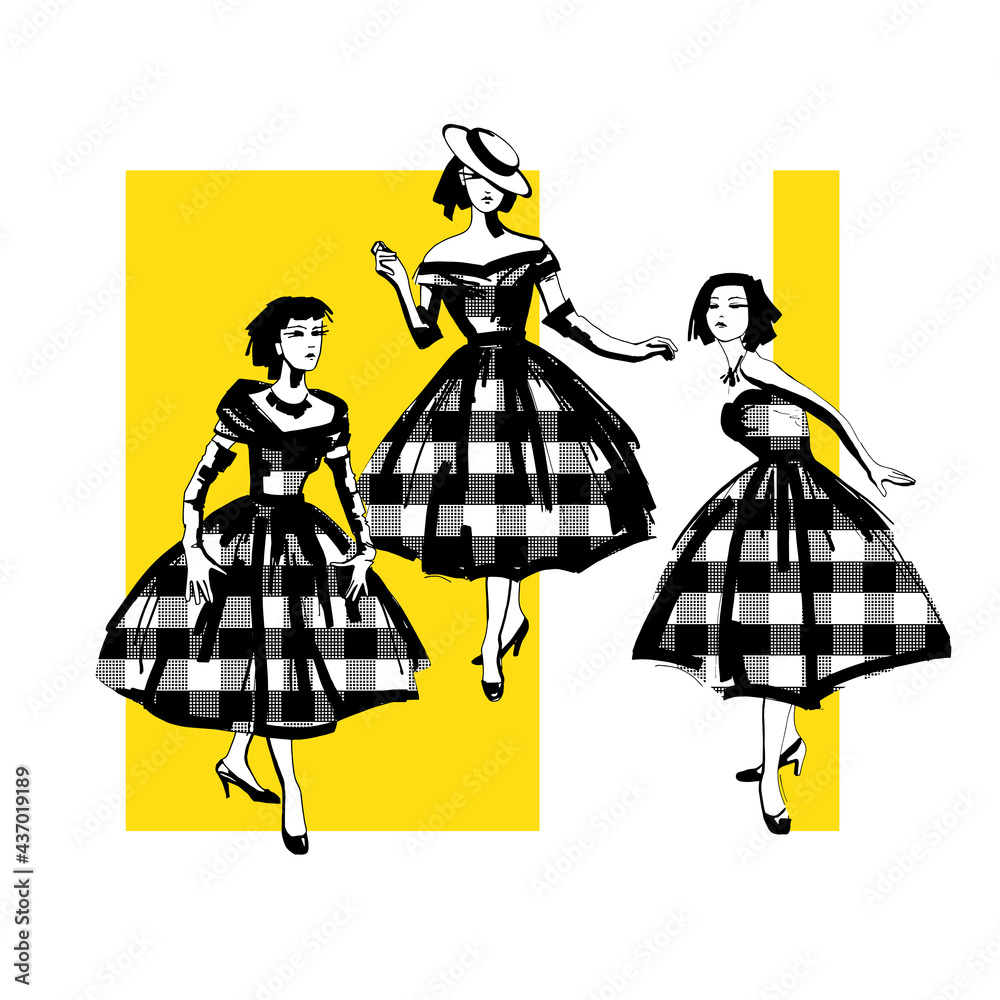 Collection fashion set. Cute girls in retro checkered dresses of the 50s on a yellow background. Hand drawn style print. Vector illustration.