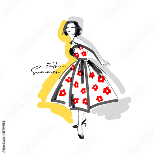 Cute girl in retro flowers dress of the 50s on a yellow background. Fashion brush graphic. Hand drawn style print. Vector illustration.