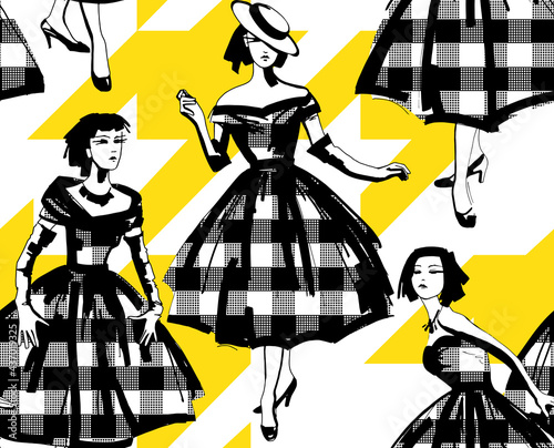 Seamless pattern. Fashion brush graphic. Cute girls in retro checkered dresses of the 50s on a yellow houndstooth. Textile composition, hand drawn style print. Vector illustration.