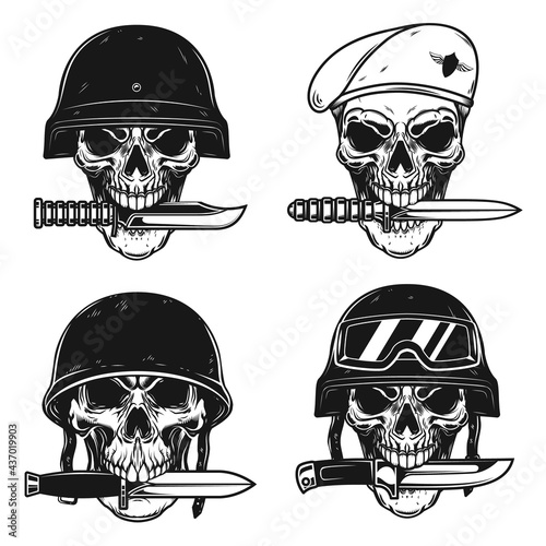 Set of Illustrations of skull in military helmet with knife in teeth in monochrome style. Design element for logo, label, sign, poster. Vector illustration