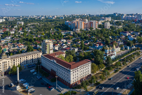 Chisinau, Moldova. Academy of science office building in the center of capital city, drone aerial view