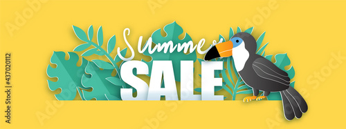 Summer banner with tropical bird in paper cut style