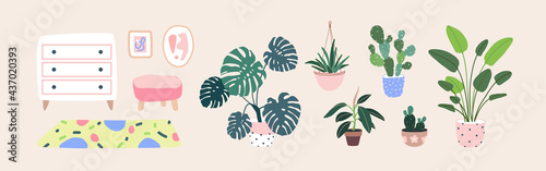 Home plants in flowerpot. Houseplants isolated. Living room furniture. Trendy hugge style, vintage urban jungle decor. Hand drawn. Set collection. Green, pink, yellow, beige, blue color. Print, poster