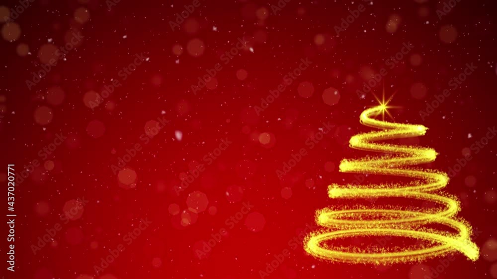 Beautiful Christmas background with animated christmas tree and falling snow on festive red background. Copy space.