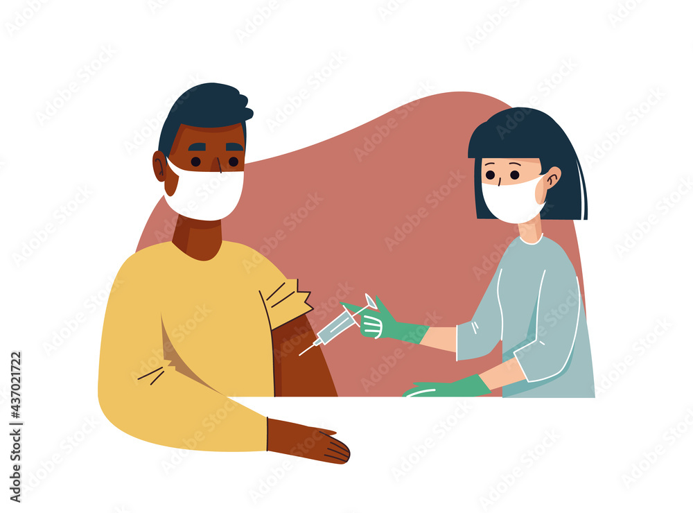 A female doctor in a protective mask injects a black man with a coronavirus vaccine. Vaccination against the virus and hepatitis in adults. Vector illustration in cartoon style. Isolated clipart