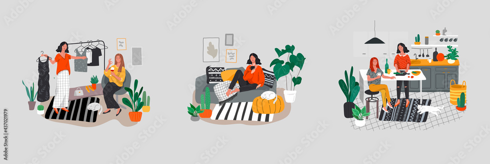 Set of beautiful girl in daily life scenes. Young woman shopping, makes up, sleeping, relaxes, takes bath, chooses clothes, playing with cat, working, watering flower. Flat cartoon vector
