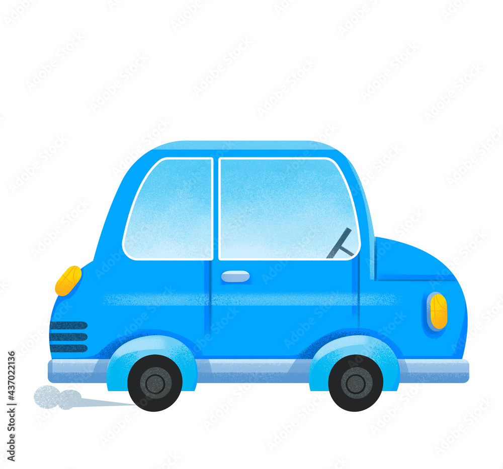 Blue cartoon car. The auto character is cute and funny. Print for a boy. Illustration isolated on white background clipart