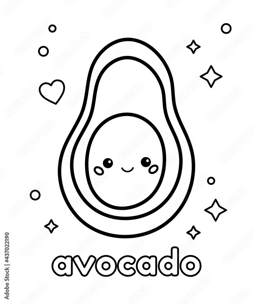 Coloring page for book with cute kawaii avocado. Healthy vegetables for ...