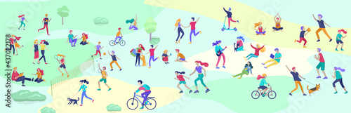 People Spending Time  Relaxing on Nature  family and children performing sports outdoor activities at park  walking dog  doing yoga  riding bicycles  tennis workout. Cartoon vector