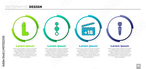 Set Dildo vibrator, Anal beads, Movie clapper with 18 plus content and Dildo vibrator. Business infographic template. Vector