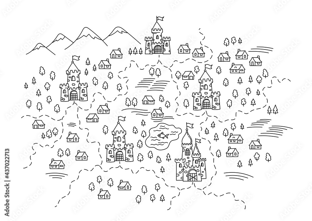 Kingdoms on the map. State areas. Castles and village. Hand drawn sketch vector line. Open paths. Editable stroke. Kingdoms on the map. State areas. Castles and village. Hand drawn sketch vector line. Open paths. Editable stroke.