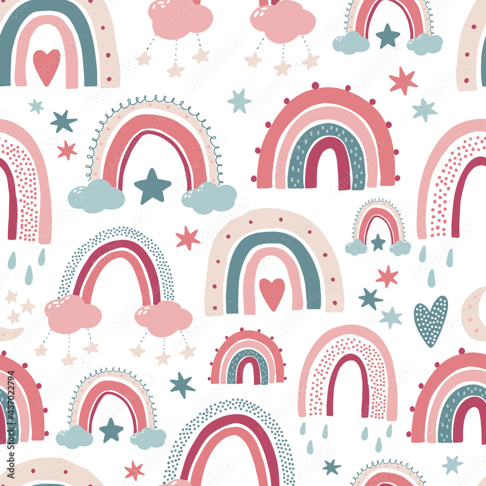 cute seamless pattern with rainbows and stars for nursery room decor. Good for prints, kids apparel, textile, bedding, scrapbooking, wallpaper, wrapping paper, etc. cute seamless pattern with rainbows and stars for nursery room decor. Good for prints, kids apparel, textile, bedding, scrapbooking, wallpaper, wrapping paper, etc.