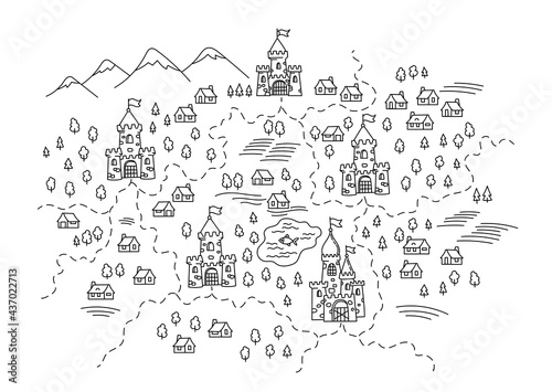 Kingdoms on the map. State areas. Castles and village. Hand drawn sketch vector line. Open paths. Editable stroke.