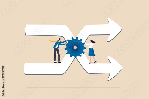 Change management, professional or expertise to manage company transformation or implement new process concept, business man staff team help turn gear cog to manage change direction arrows. photo