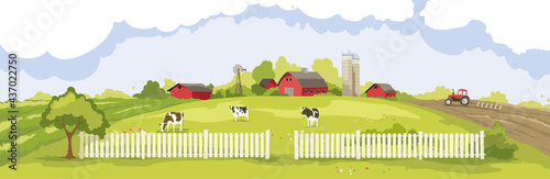 Abstract landscape -- american farm, agricultural industry / Vector illustration, rural view -- fields and meadows, springtime.	