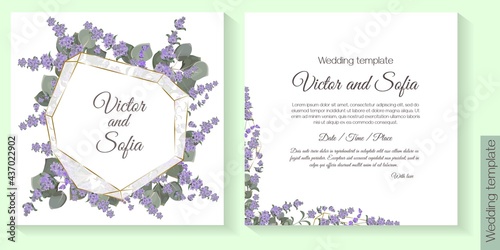 Vector floral template for wedding invitations. Lavender and eucalyptus leaves, gold polygonal frame. 