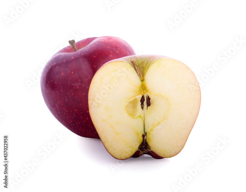 Red apple fruit with apple half isolated on white background.