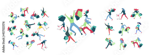 Collection of people carrying shopping bags with purchases. Madness on sale, line of crazy Men and women taking part in seasonal sale at store, shop, mall. Cartoon characters