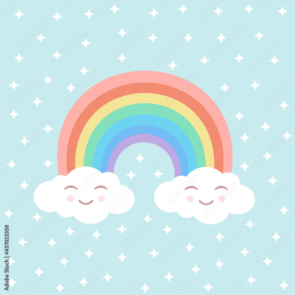 Rainbow with cute clouds and white stars on an isolated blue background. Vector illustration for fabrics, textures, wallpapers, posters, stickers, postcards. Childish fun print.