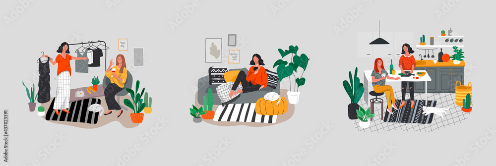 Set of beautiful girl in daily life scenes. Young woman shopping, makes up, sleeping, relaxes, takes bath, chooses clothes, playing with cat, working, watering flower. Flat cartoon vector Set of beautiful girl in daily life scenes. Young woman shopping, makes up, sleeping, relaxes, takes bath, chooses clothes, playing with cat, working, watering flower. Flat cartoon vector
