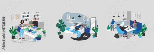 Beautiful girl in daily life scenes. Young woman in action. Flat cartoon vector illustration