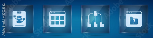 Set Server, Data, Web Hosting, Browser files, Folder tree and File missing. Square glass panels. Vector