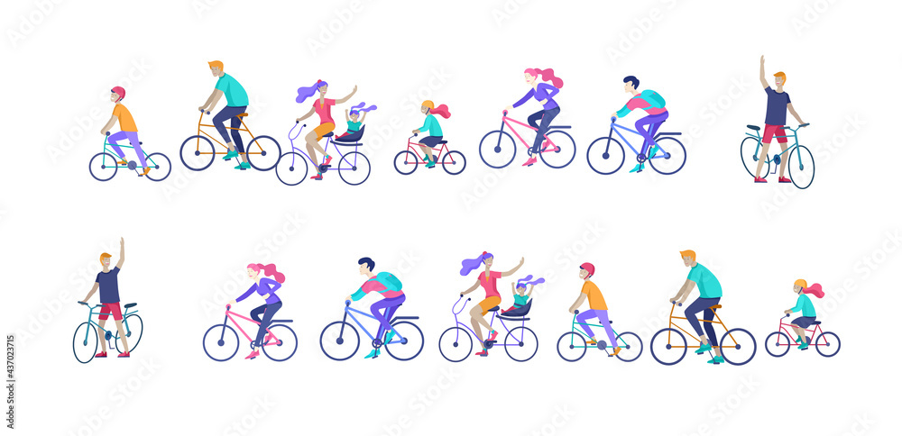 Landing page template with family riding bicycles, man waving his hand, mother riding bicycles with child. People cycling outdoor activities concept at park, healty life style. Cartoon illustration