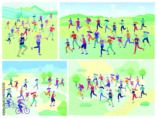 People Marathon Running Sport race sprint  concept illustration running men and women wearing sportswer in landscape. Jogging at Training. Healthy Active Speed Exercise. Cartoon Vector Illustration