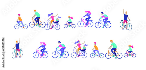 People riding bicycles, man waving his hand, mother riding bicycles with child. People cycling outdoor activities concept at park, healty life style. Cartoon illustration
