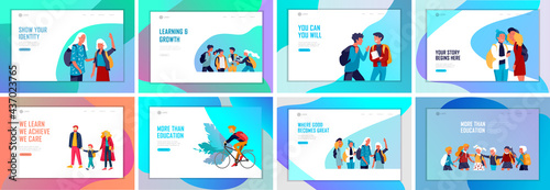 Landing page template with Back to school flat vector illustration. Preteen and teenage schoolkids. Parents with kids, schoolmates, friends cartoon characters