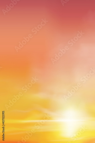 Summer Sunrise in Morning with Orange,Yellow and Pink sky,Dramatic twilight landscape with Sunset in evening background, Vector mesh vertical banner sky of Sunset or sunlight for four seasons backdrop