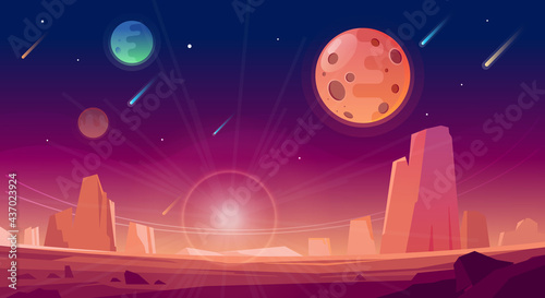Space and planet landscape background. Planets surface with craters, stars and comets in dark space. Vector cartoon illustration. Space sky with planet and satellite.