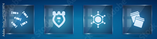 Set Bullet, Police badge, Hexagram sheriff and Plastic bag with ziplock. Square glass panels. Vector