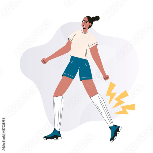 Leg ache pain or Sport trauma concept. Athletic woman feels hurt in leg. Female athlete with joint or muscle soreness and problem feeling ache. Running injury accident. Flat vector illustration