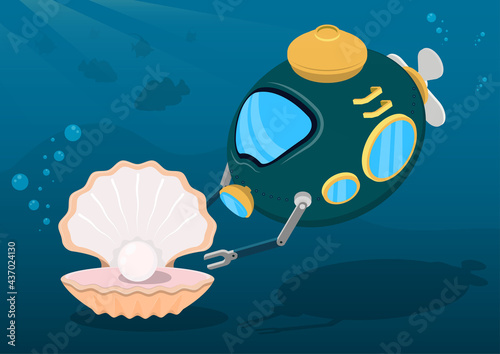 deep sea robot bathyscaphe found large pearl in seashell. Unexpected luck, searching for treasures under water. Cartoon vector