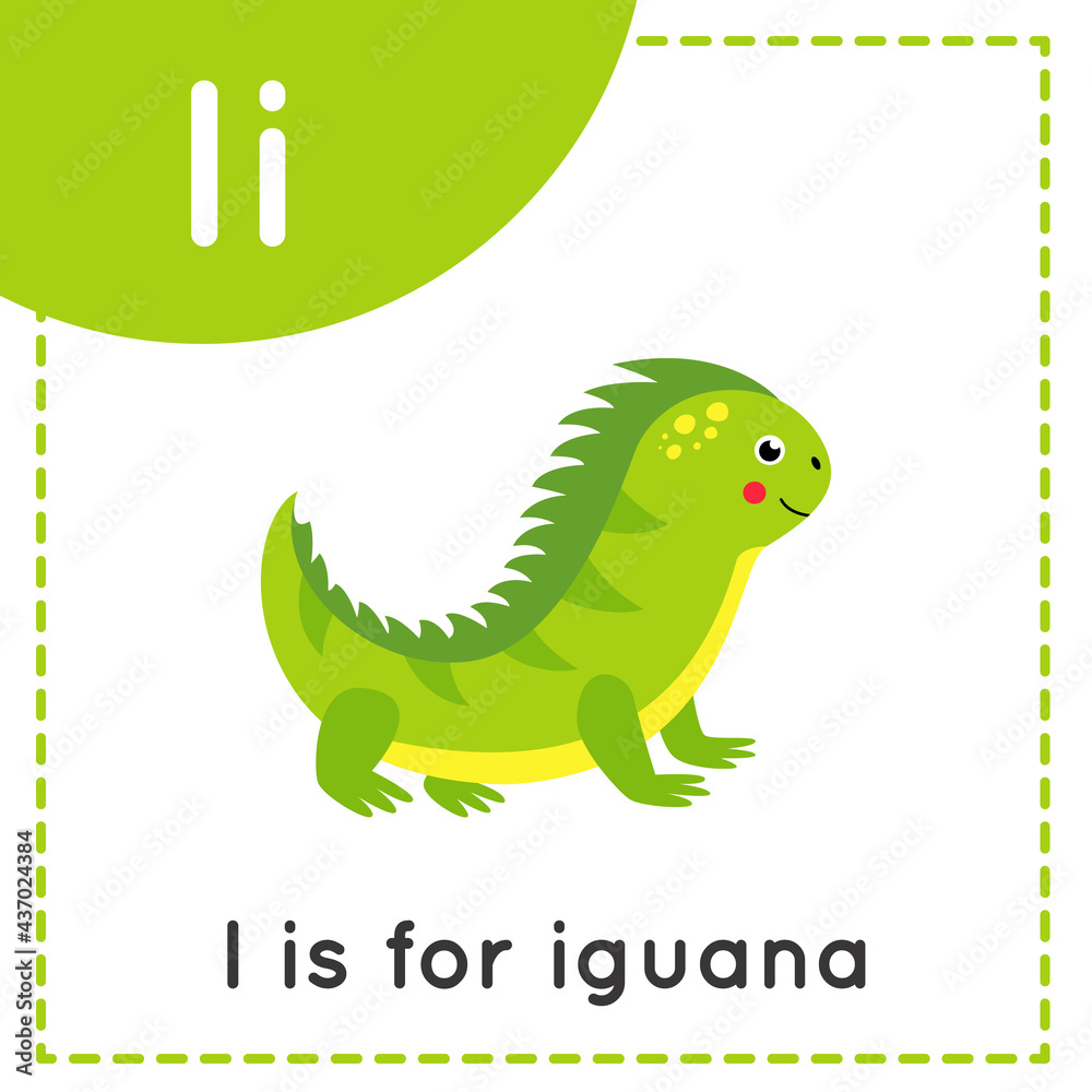 Naklejka premium Learning English alphabet for kids. Letter I. Cute cartoon iguana.