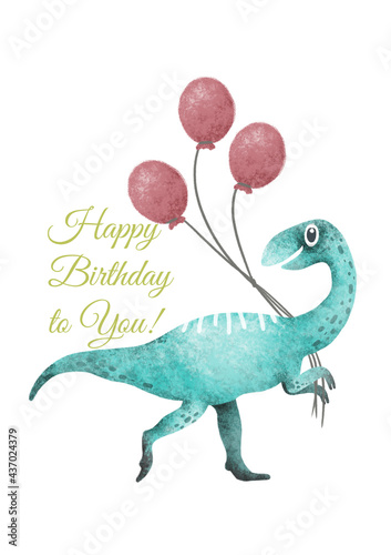 Baby birthday card. Cute dino with pink balloons smiles  celebration  fun  gifts. Funny greeting card for kids