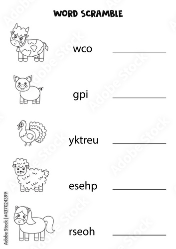Puzzle for kids. Word scramble for children. Black and white farm animals.