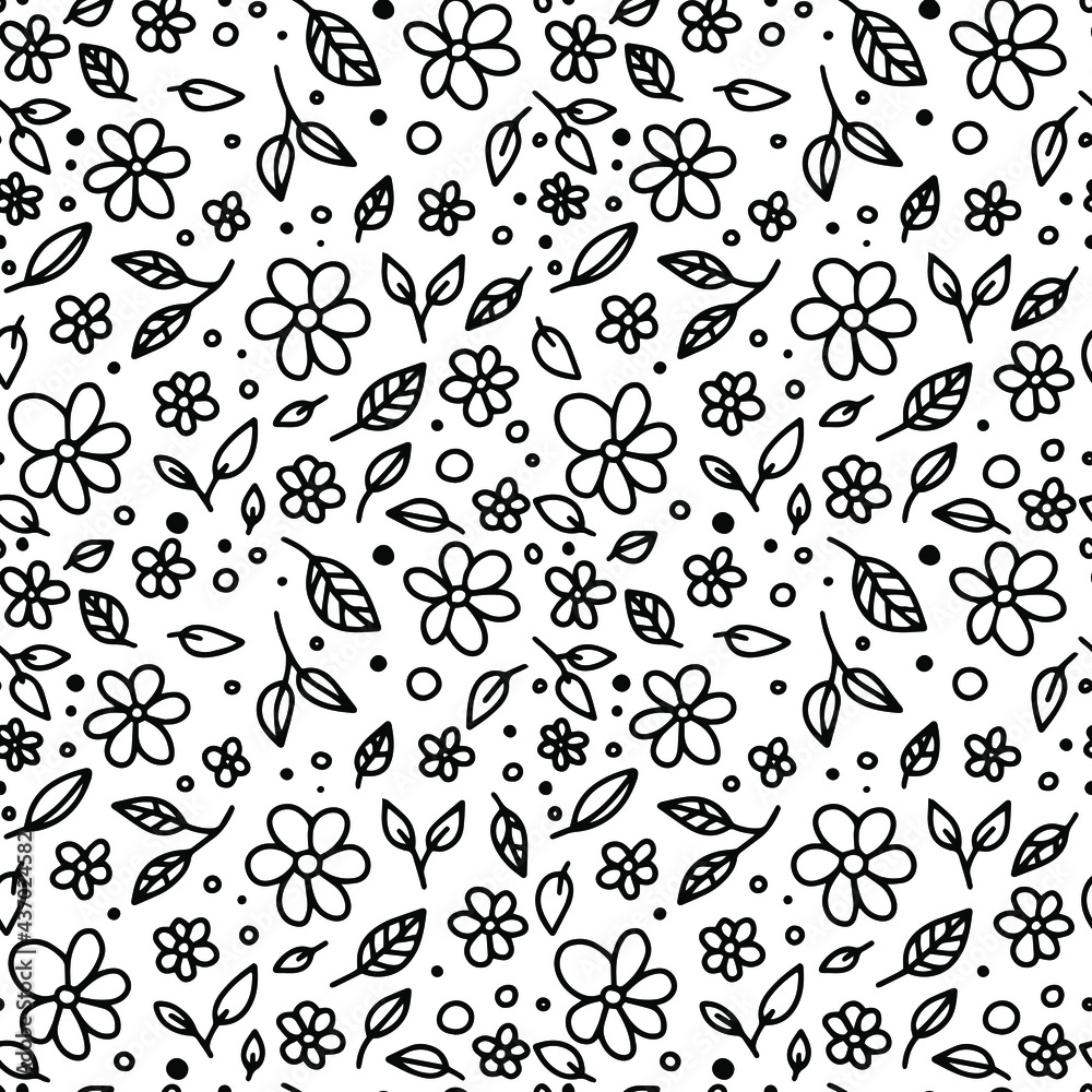 Seamless pattern with hand-drawn flowers with leaves. Hand drawn doodle fabric, gift wrap, wall art design. Seamless pattern with hand-drawn flowers with leaves. Hand drawn doodle fabric, gift wrap, wall art design.