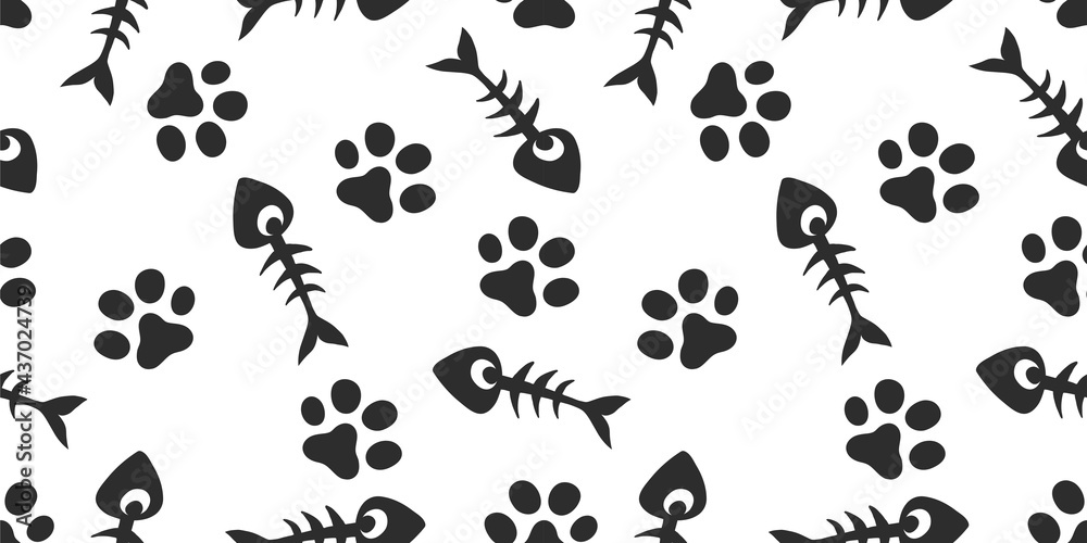 Pet tracks. The paws of a cat or dog. Bones.Seamless background.