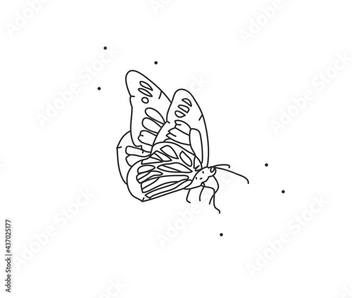 Hand drawn vector abstract stock flat graphic illustration with logo element,bohemian magic art of butterfly line art in simple style for branding,isolated on white background.Feminine logo concept.