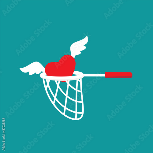 Butterfly net with flying hearts. Catch, hunt, chase symbol. Achieve love or dreams concept.