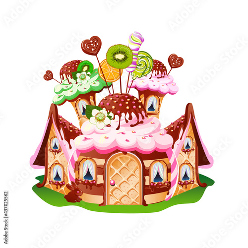 Sweet house with waffle door, caramel balcony, chocolate and decorated with sweets. Fairy tale vector illustration of a house from a candy land.